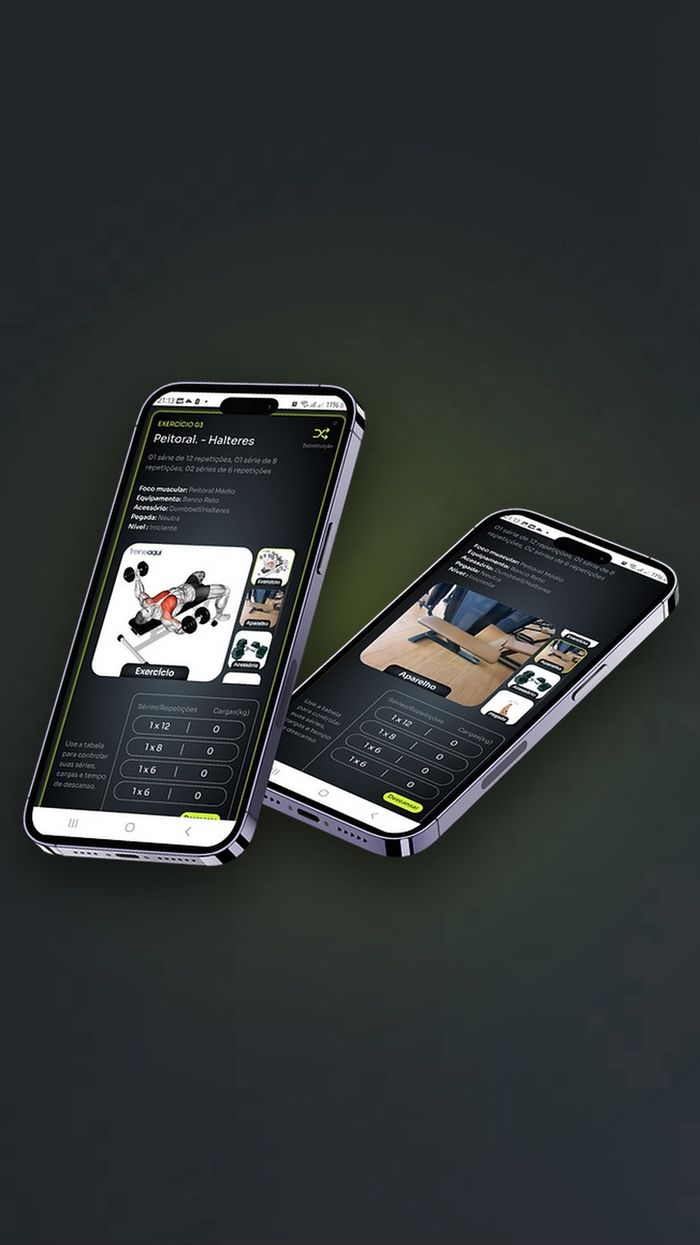Dois celulares com o app TreineAqui mostrando o treino e o aparelho