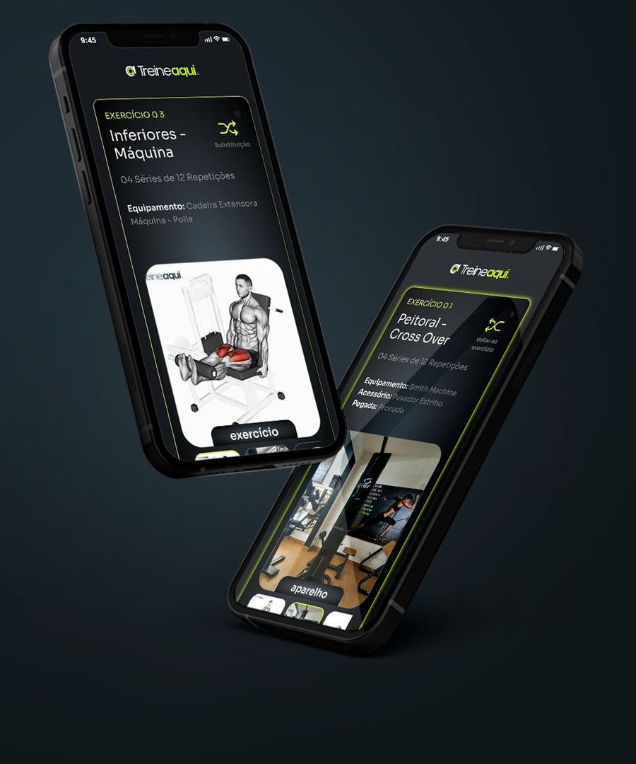App TreineAqui com o exercício Inferiores, máquina: 4 séries de 12 repetições na cadeira extensora
