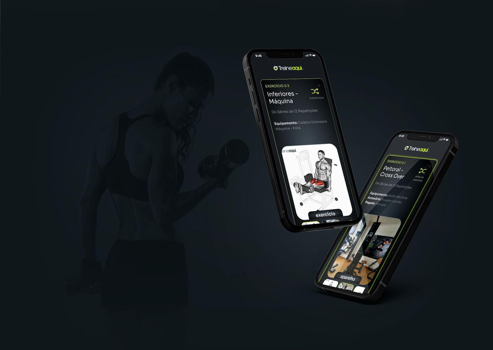 App TreineAqui mostrando o exercício e o aparelho da academia